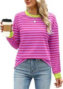 Long-sleeved top with pink and purple stripes and lime green contrast collar and cuffs