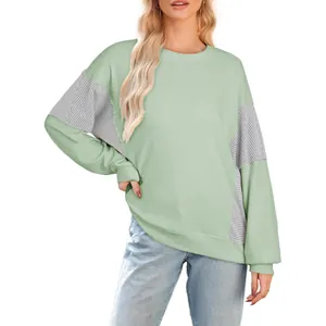 Women's sage green long-sleeve sweatshirt with striped patchwork design for casual autumn wear