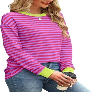 Close-up of vibrant color-block striped top with lime green ribbed collar and cuffs