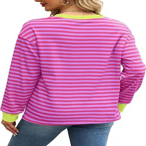 Back view of a women's striped long sleeve top with neon green cuffs and collar detail.