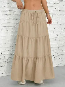 Bohemian khaki tiered maxi skirt with drawstring elastic waist and textured fabric