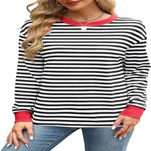 Casual black and white striped long sleeve top with red contrast neck and cuffs