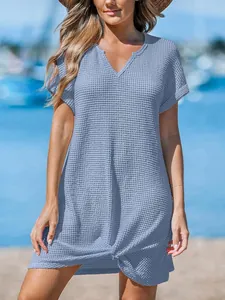 Abito da spiaggia casual blu in maglia a nido d'ape con scollo a V e nodo decorativo