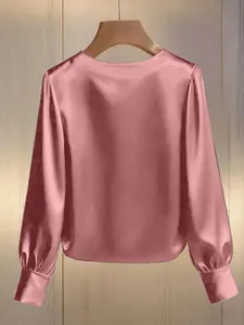 Back view of an elegant French style pink satin blouse featuring a classic round neck design