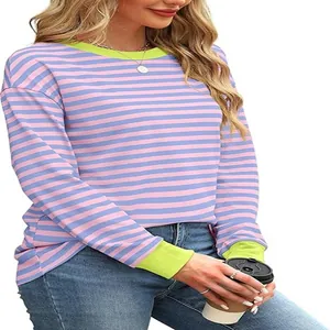 Detail view of pink and blue striped long sleeve top with lime green collar and cuffs