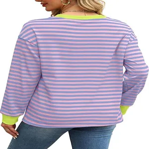Back view of a pink and blue striped long sleeve top with neon green cuffs and collar
