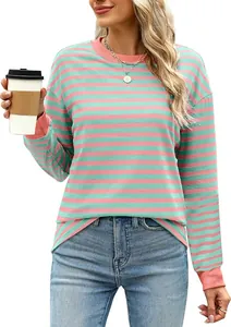 Casual color-block striped long sleeve top with crew neck and comfortable loose fit