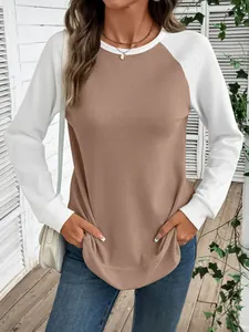 T-shirt décontracté en maille gaufrée à manches longues et blocs de couleurs automne