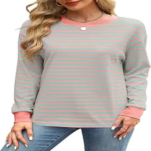 Stylish women's long sleeve crew neck top featuring casual pink and mint green stripes