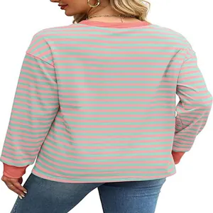 Detailed back view of a pink and mint green striped long sleeve crewneck top for women.