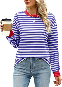 Detail view of the blue and white striped long sleeve top with red contrast collar