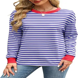 Detail view of the red contrast collar and blue white stripes on long sleeve top