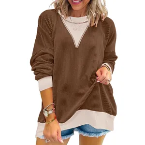 Women's oversized waffle knit color block long sleeve sweatshirt in brown and beige