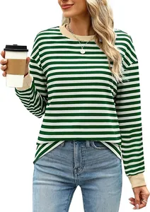 Close-up detail of a green and white striped long sleeve top with contrast crew neck