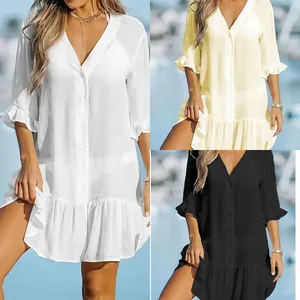 Women V Neck Ruffle Mini Dress Casual Loose Solid Color Beach Button Cover Up Polyester Short Summer Vacation Dress