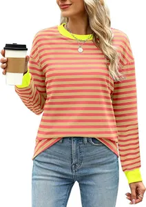 Casual striped long sleeve top featuring vibrant neon yellow contrast collar and cuffs