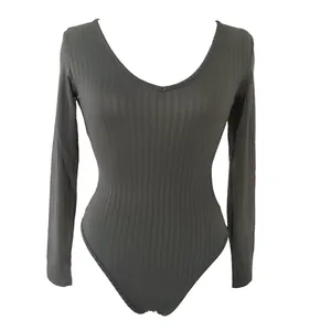 Donkergrijze bodysuit met lange mouwen en V-hals, geribbelde stof op onzichtbare pop