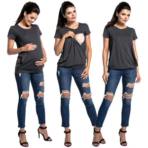 T-shirt per allattamento grigio scuro a maniche corte con apertura funzionale per mamme