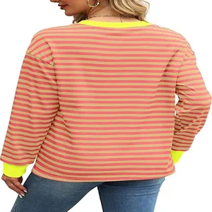 Back view of a striped long sleeve top featuring neon yellow contrast collar and cuffs