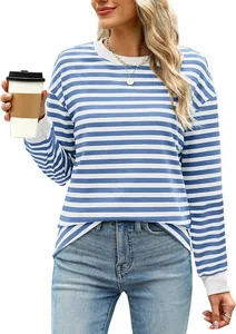 Casual women's blue and white striped long sleeve top featuring a crew neck and loose fit