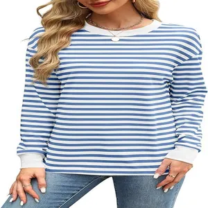 Close-up of casual blue and white striped long sleeve shirt with ribbed white cuffs