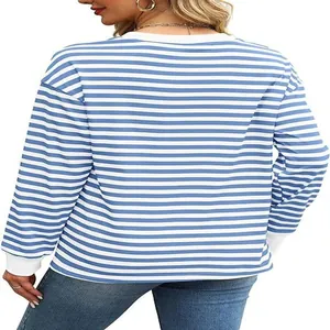 Detail view showing the back of a casual blue and white striped long sleeve top for women