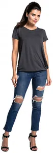 T-shirt premaman alla moda grigio scuro per allattamento con maniche corte e girocollo