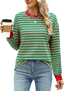 Fashionable green and orange striped long sleeve shirt with red crew neck and cuffs