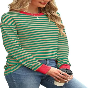 Fashionable green and tan striped long sleeve top with red color block collar and cuffs