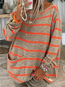 Femmes Oversize Pull en Maille à Rayures Col Rond Manches Longues Pullover Avec Poches Boutons Décoratifs Haut Large Décontracté