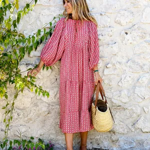 Boho red and white geometric midi dress with puff sleeves and keyhole neckline details