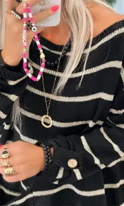 Gros plan d'un pull en maille à rayures noires et argentées avec bouton au poignet.