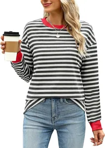 Fashionable striped long sleeve top with red contrast crew neck and cuffs for women