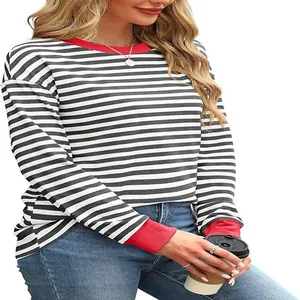 Close-up detail of women's striped long sleeve top featuring red color-block cuffs
