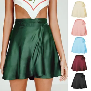 Damen Sexy Hohe Taille Satin Wickelrock Balletcore Einfarbig Seitliche Schnürung Minirock Glänzend A-Linie Kurzer Rock