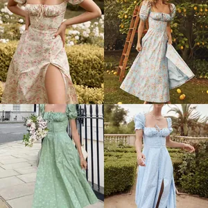 Women Floral Square Neck Puff Sleeve Midi Dress Sexy High Slit Lace Up Pastoral Style Summer Vacation Flowy Dress