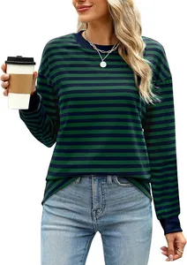 Detail view of casual loose striped long sleeve top with round neck for women in green