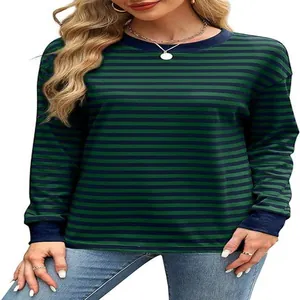 Detail view of the green and blue striped loose long-sleeved top with round neck