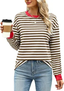Casual striped long sleeve t-shirt with red contrast collar and cuffs for women.