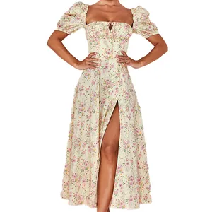 Elegant floral maxi dress with square neck, puff sleeves, and sexy high slit for summer.