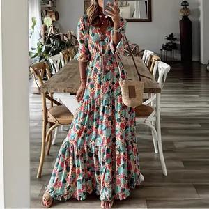 Robe longue élégante à imprimé floral avec col en V et ceinture à la taille pour femme