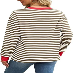 Back view of a fashionable striped long-sleeve top with red contrast crew neck and cuffs