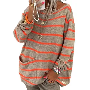 Loose oversized striped pullover sweater in grey and orange for women's autumn wear