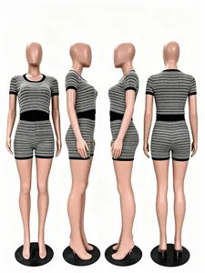 Four-angle view of women's casual knitted two-piece set with fine black and white stripes