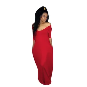 Red off-the-shoulder short sleeve maxi dress with pockets for casual summer wear