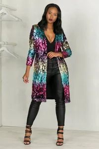 Elegante cárdigan largo de lentejuelas multicolores con frente abierto para mujer