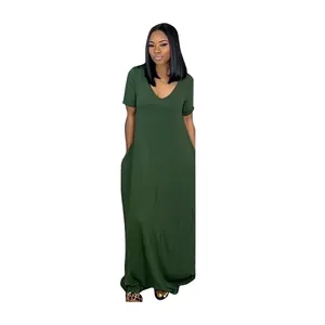 Women's casual solid dark green short sleeve maxi dress with side pockets for summer