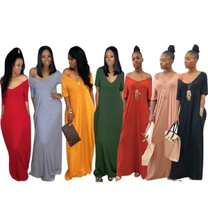 Multi-color selection of women's loose short sleeve V-neck casual maxi dresses