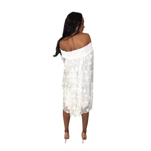 Back view of a white polka dot jacquard off-the-shoulder loose summer dress