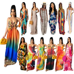 Collection of casual loose printed cotton camisole maxi dresses in various patterns